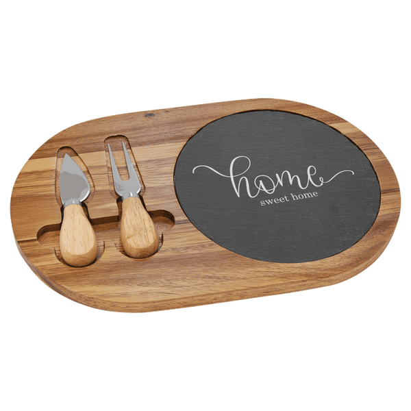 12 1/2 x 8 Acacia Wood/Slate Oval Cheese Set with Two Tools - Cornerstone