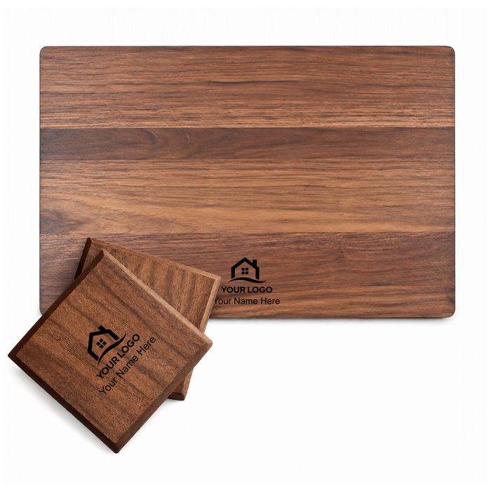 Walnut Cutting Board & Set of 2 Walnut Coasters w/Note back of gift