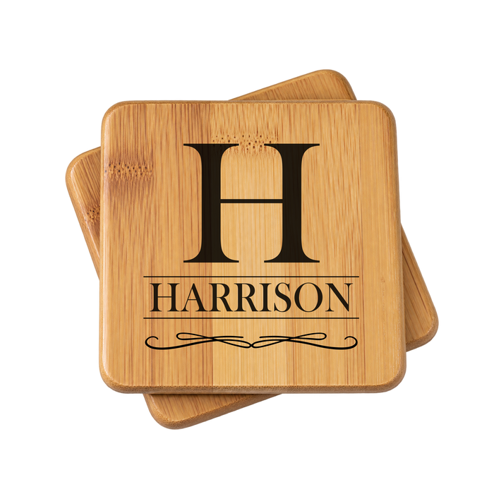 Set of 2 Bamboo Coasters w/Note personalization with last name