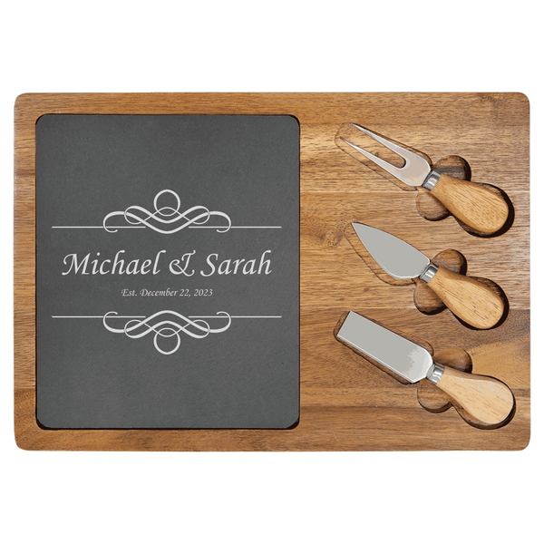 14x10 Acacia Wood/Slate Rectangle Cheese Set with Three Tools