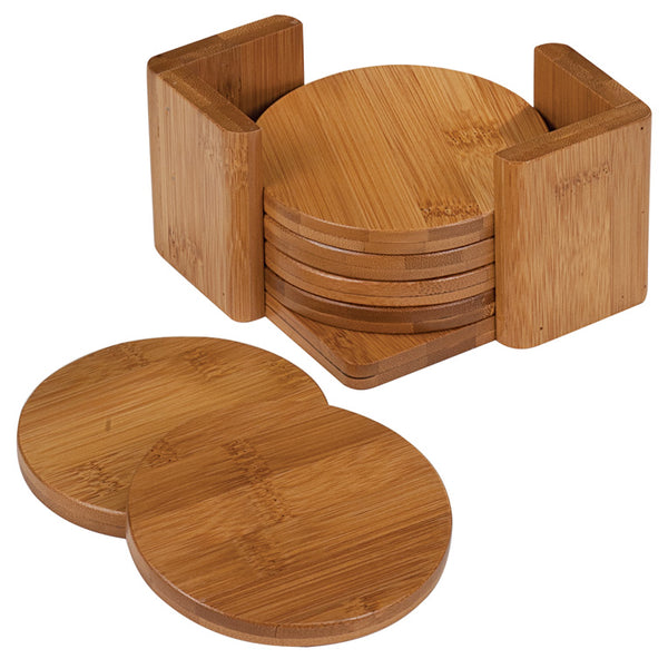 4" Bamboo Round 6-Coaster Set with Holder - Cornerstone