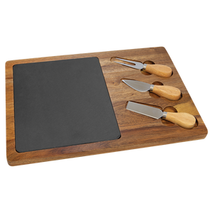 14x10 Acacia Wood/Slate Rectangle Cheese Set with Three Tools