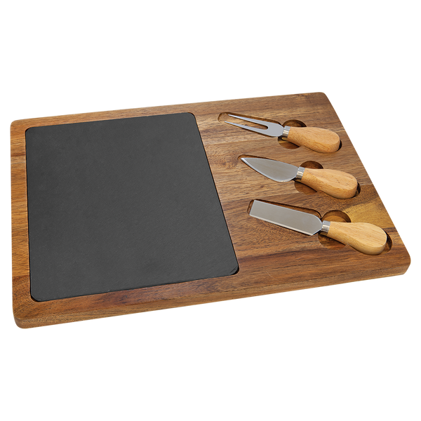 14x10 Acacia Wood/Slate Rectangle Cheese Set with Three Tools