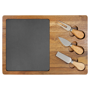 14x10 Acacia Wood/Slate Rectangle Cheese Set with Three Tools
