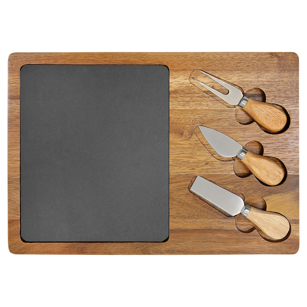 14x10 Acacia Wood/Slate Rectangle Cheese Set with Three Tools
