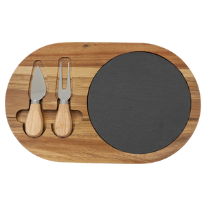 12 1/2 x 8 Acacia Wood/Slate Oval Cheese Set with Two Tools
