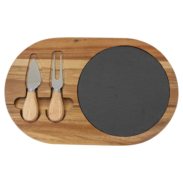 12 1/2 x 8 Acacia Wood/Slate Oval Cheese Set with Two Tools - Cornerstone