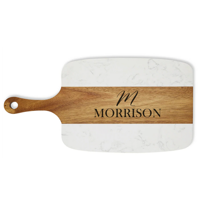 Acacia & Marble Charcuterie Board Set w/Note personalization with last name